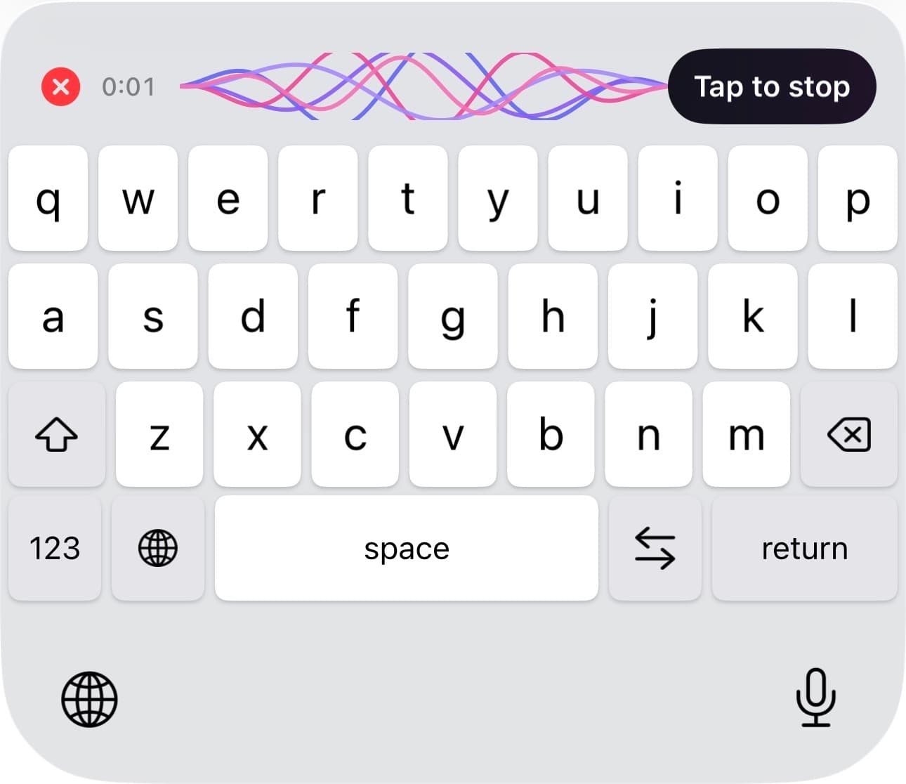 Whispen keyboard voice input with neon sound wave and tap to stop