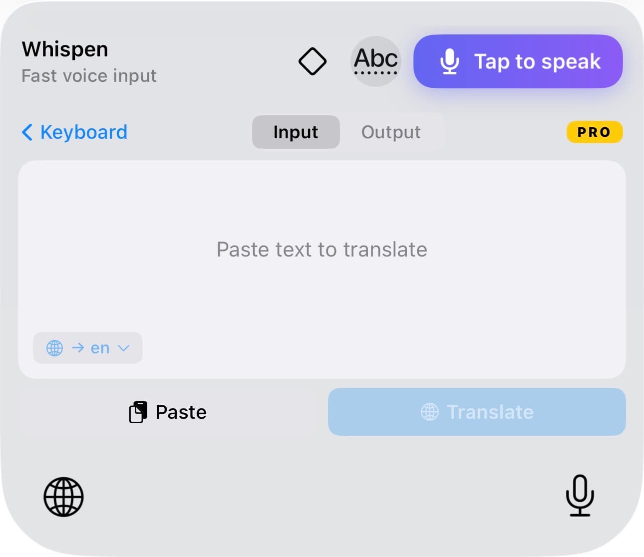 Whispen keyboard paste-to-translate interface