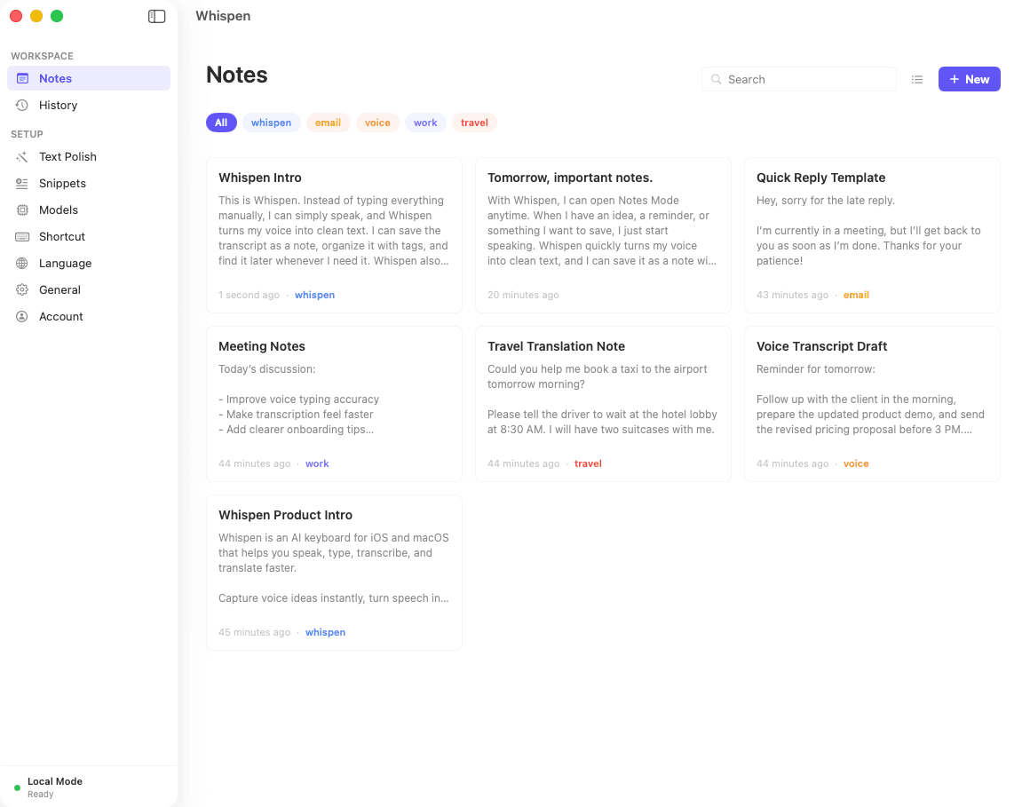 Whispen Notes window on macOS — bento grid of voice transcripts with colored tags, search, and tag filters